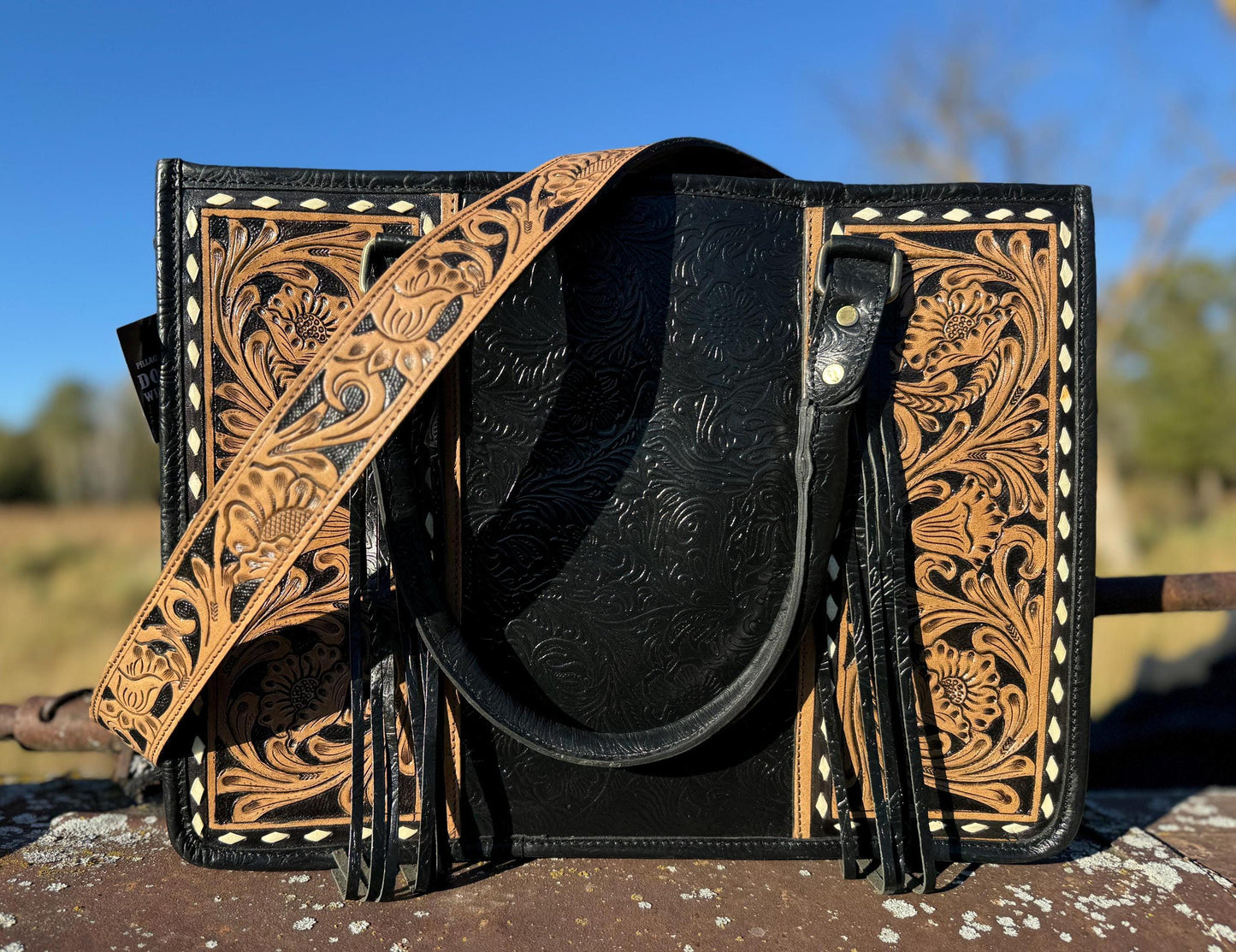 Genuine Western Leather Black laptop messenger briefcase bag with tooled and embossed leather  by Double B Wild Rags CONCEAL and CARRY