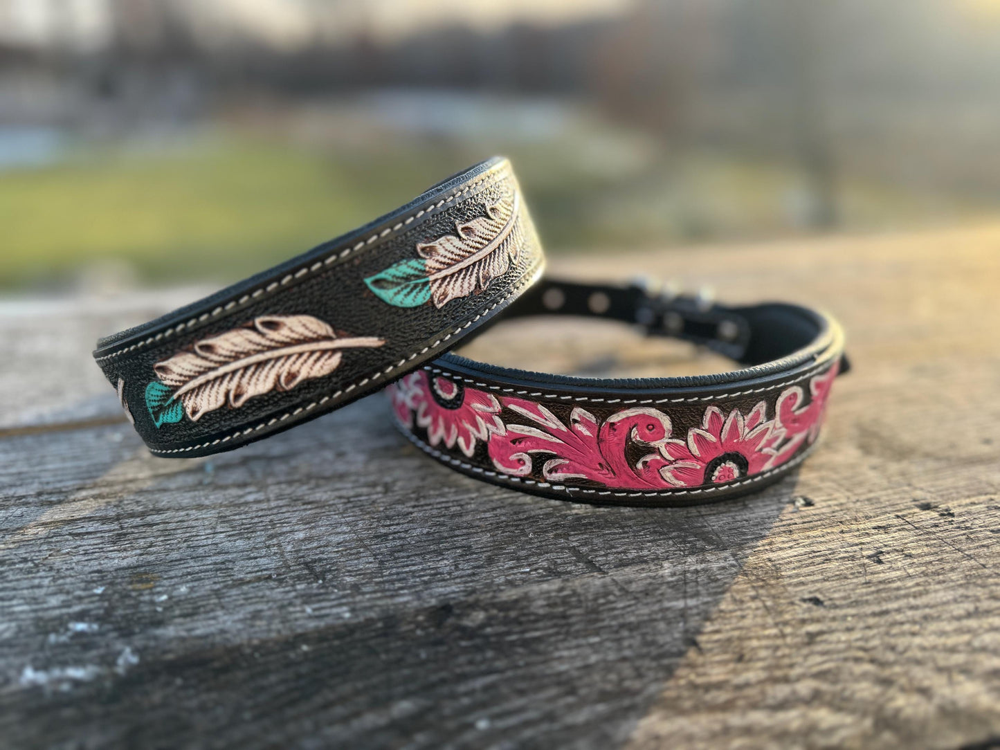Western leather dog collar tooled Turquoise Feather or Pink Floral details by Double B Wild Rags