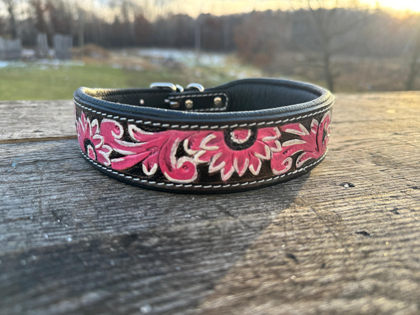Western leather dog collar tooled Turquoise Feather or Pink Floral details by Double B Wild Rags