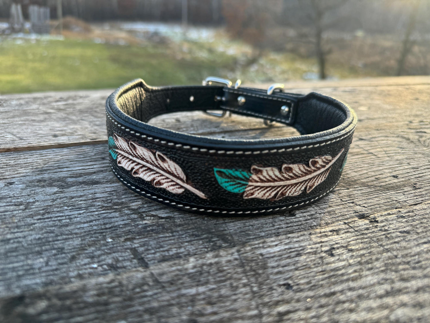 Western leather dog collar tooled Turquoise Feather or Pink Floral details by Double B Wild Rags