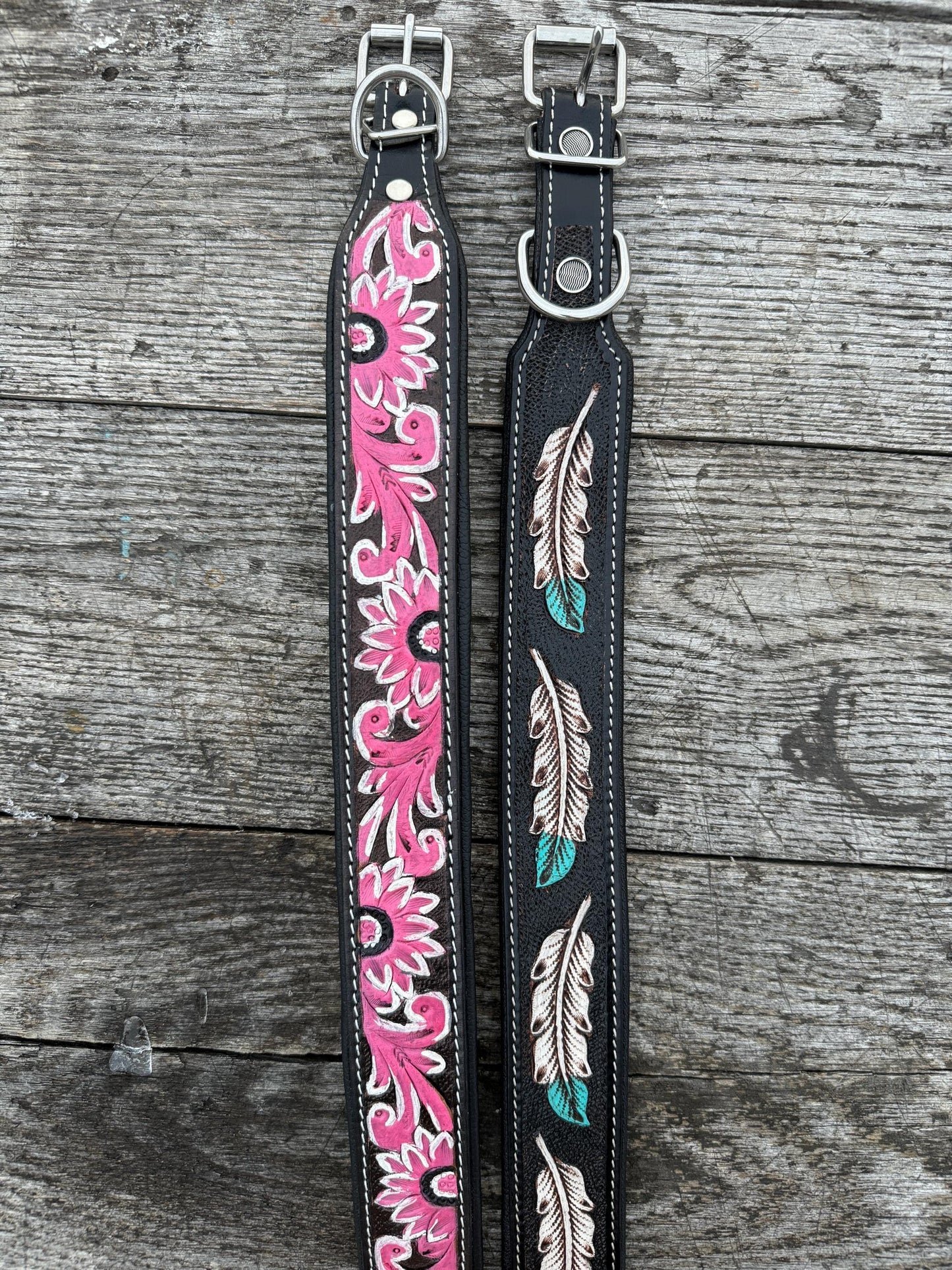 Western leather dog collar tooled Turquoise Feather or Pink Floral details by Double B Wild Rags