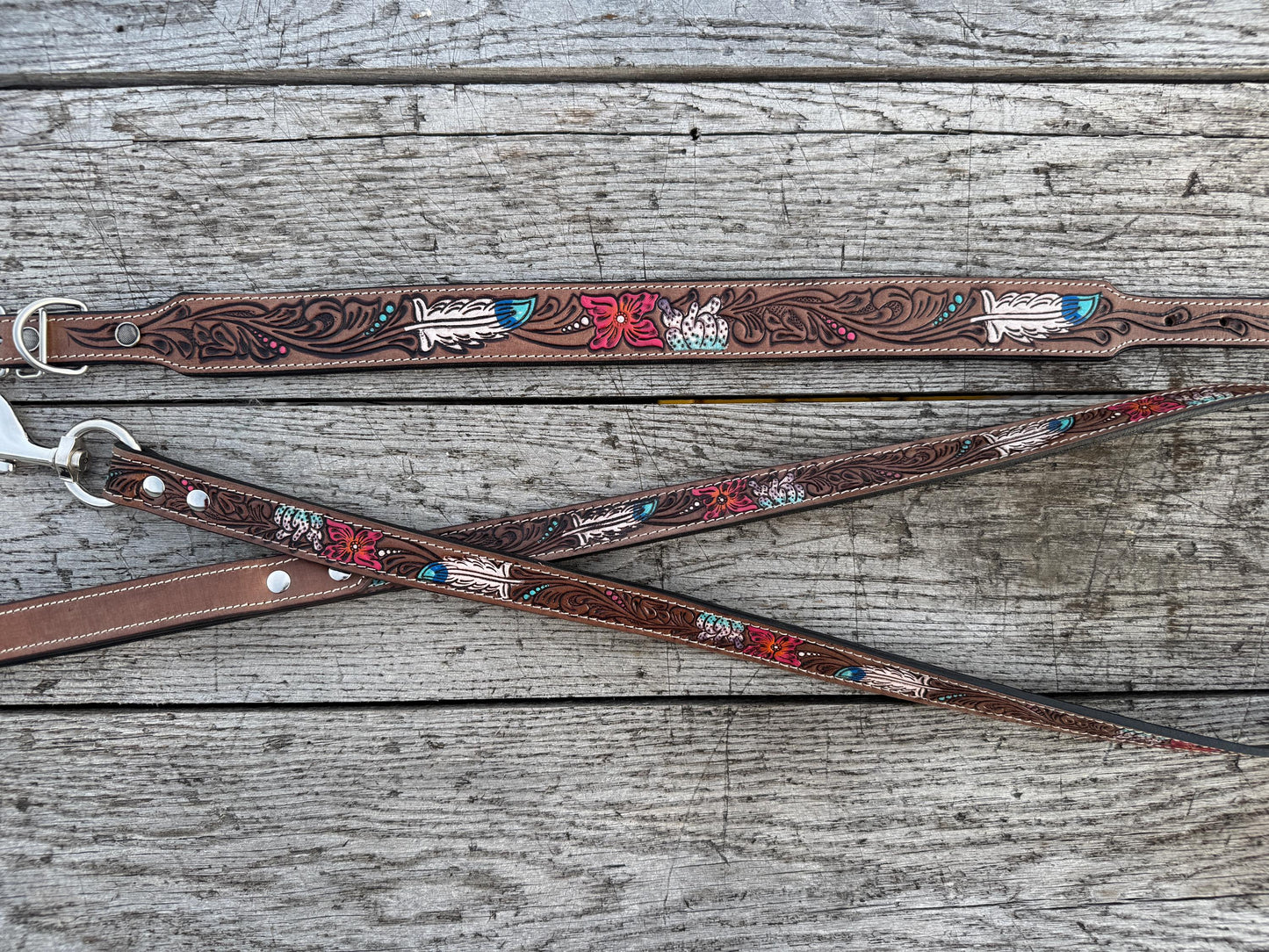 Western Genuine Leather dog collar or leash tooled details of sunflower daisy cactus floral turquoise feather by Double B Wild Rags