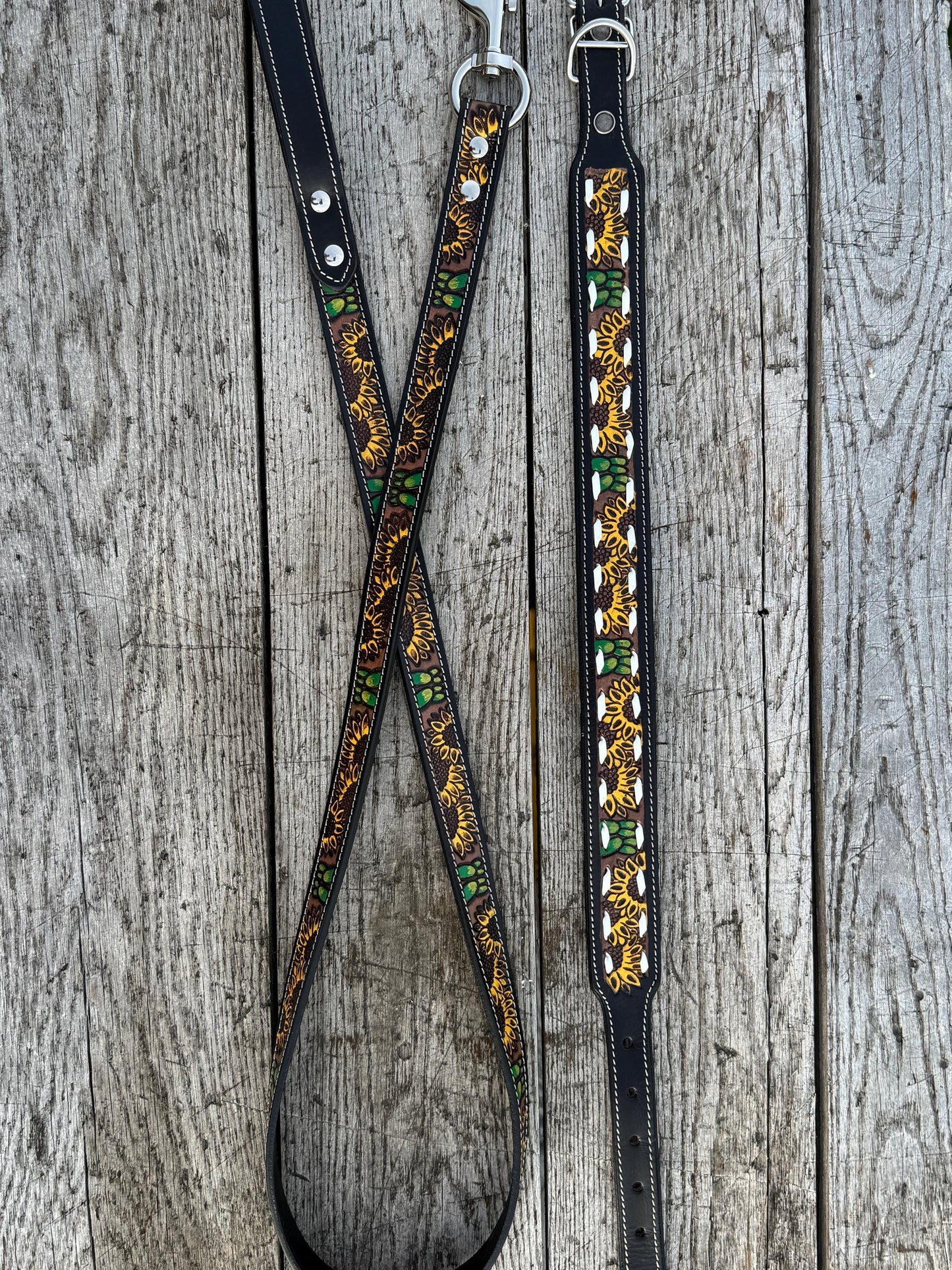 Western Genuine Leather dog collar or leash tooled details of sunflower daisy cactus floral turquoise feather by Double B Wild Rags