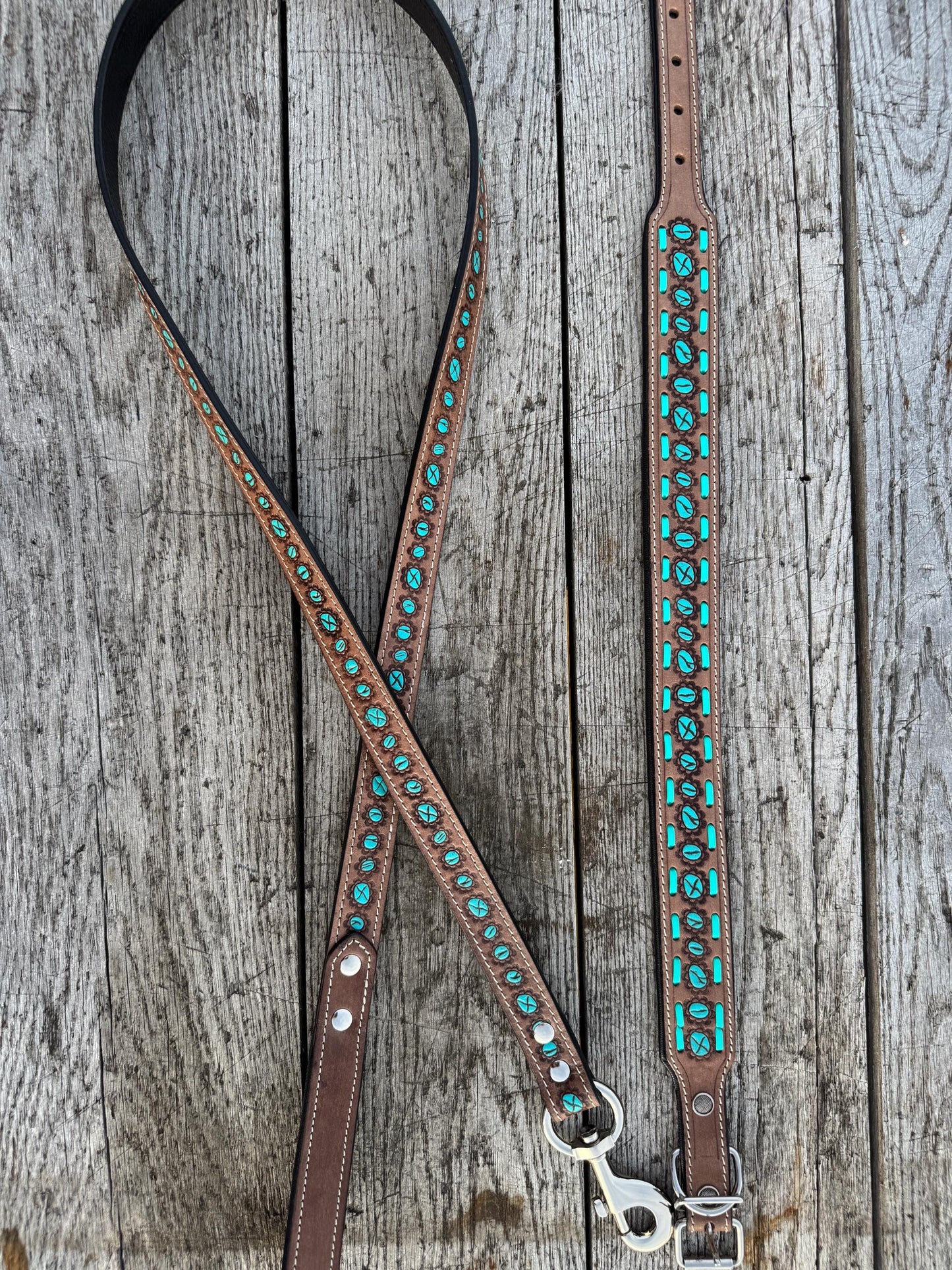 Western Genuine Leather dog collar or leash tooled details of sunflower daisy cactus floral turquoise feather by Double B Wild Rags
