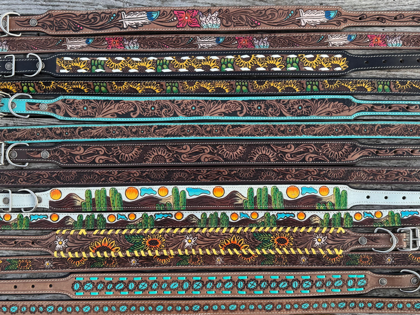 Western Genuine Leather dog collar or leash tooled details of sunflower daisy cactus floral turquoise feather by Double B Wild Rags