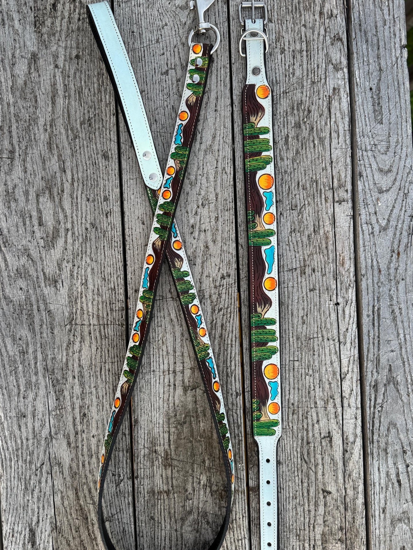 Western Genuine Leather dog collar or leash tooled details of sunflower daisy cactus floral turquoise feather by Double B Wild Rags