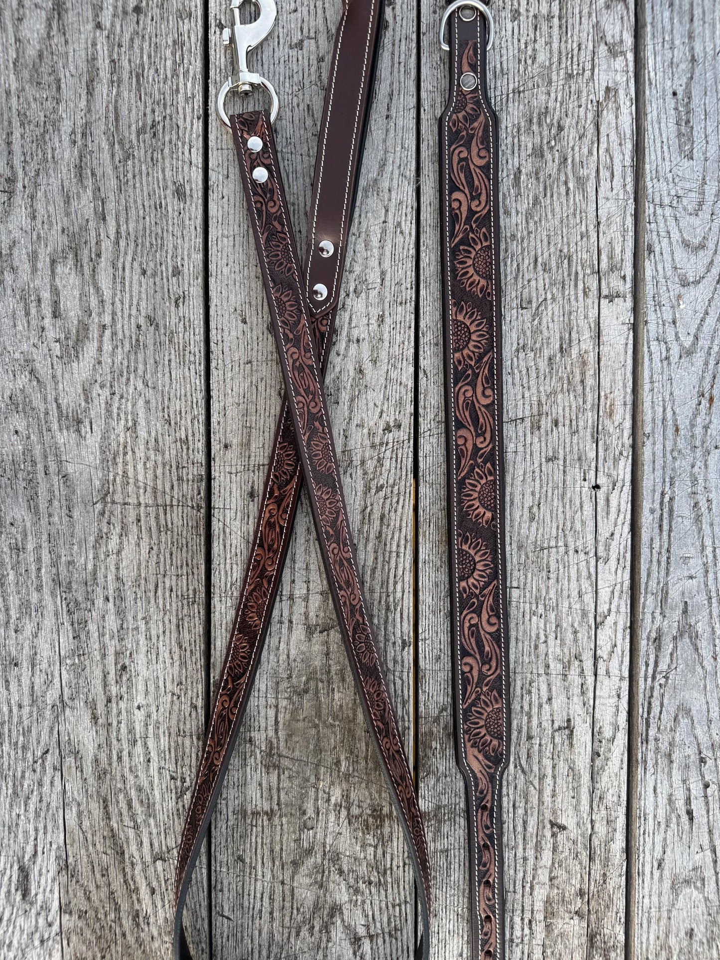 Western Genuine Leather dog collar or leash tooled details of sunflower daisy cactus floral turquoise feather by Double B Wild Rags