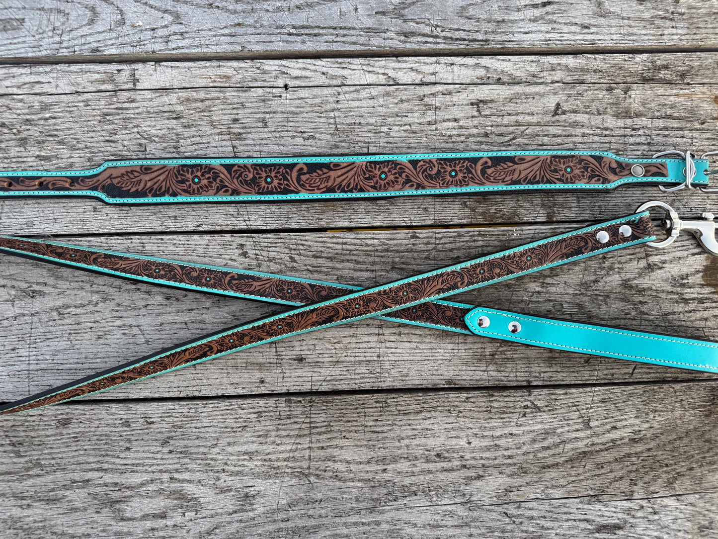 Western Genuine Leather dog collar or leash tooled details of sunflower daisy cactus floral turquoise feather by Double B Wild Rags