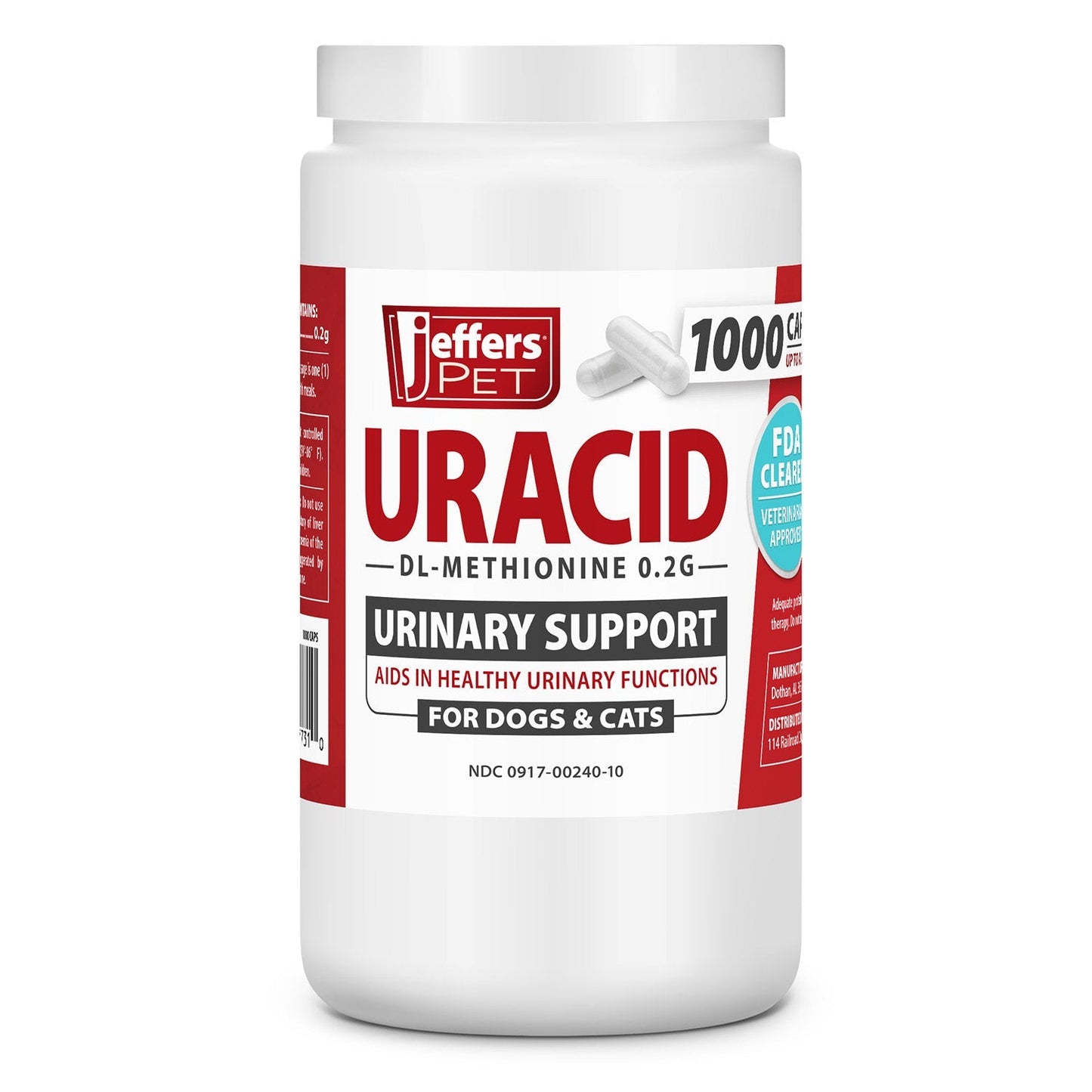 Jeffers Uracid DL-Methionine 0.2g Capsules for Dogs & Cats – Supports Urinary Tract, Reduces Urine Odor, Prevents Stones