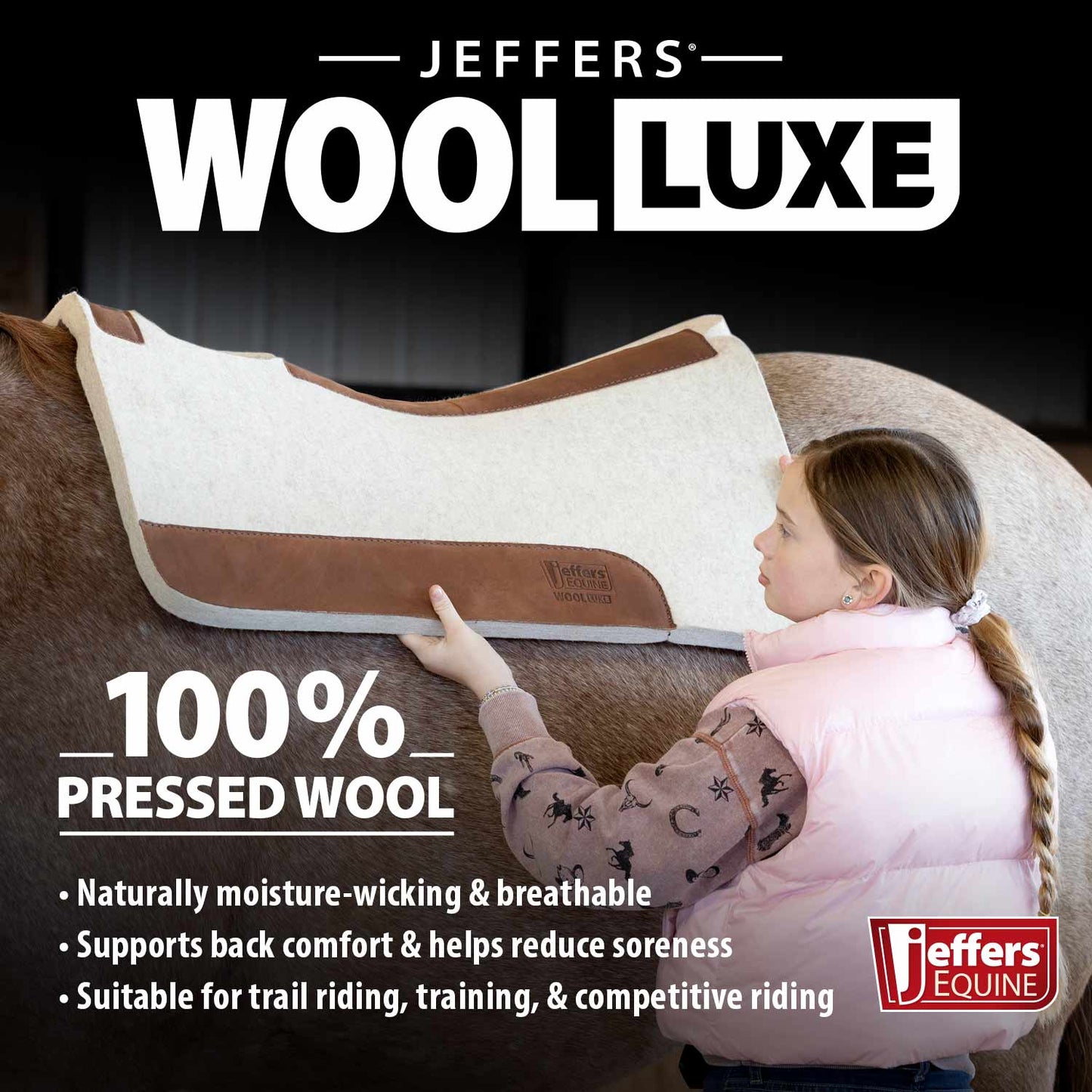 Jeffers WoolLuxe 100% Wool Equine Saddle Pad – Cushioned, Breathable, and Shock-Absorbing