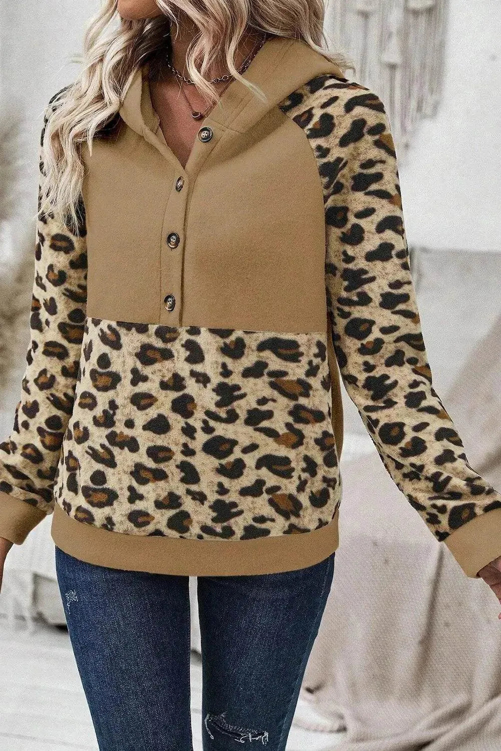 Leopard Half Button Long Sleeve Hoodie