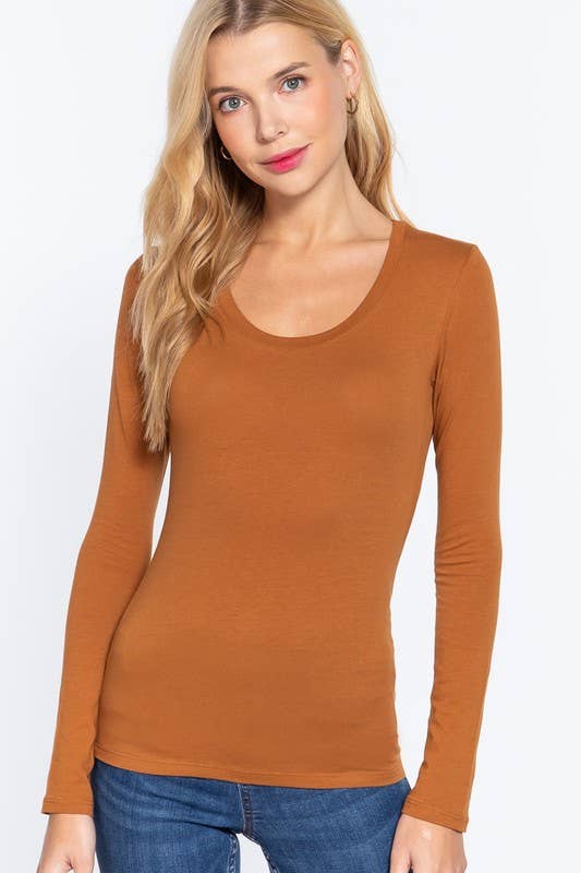 Long Sleeve Scoop Neck Top - Truffle or Petal Pink