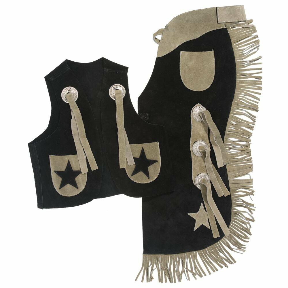 Tough-1 Youth Black Leather Vest & Chaps Set – Medium, Stars Design, Final Clearance