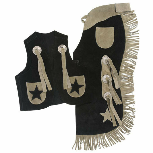 Tough-1 Youth Black Leather Vest & Chaps Set – Medium, Stars Design, Final Clearance