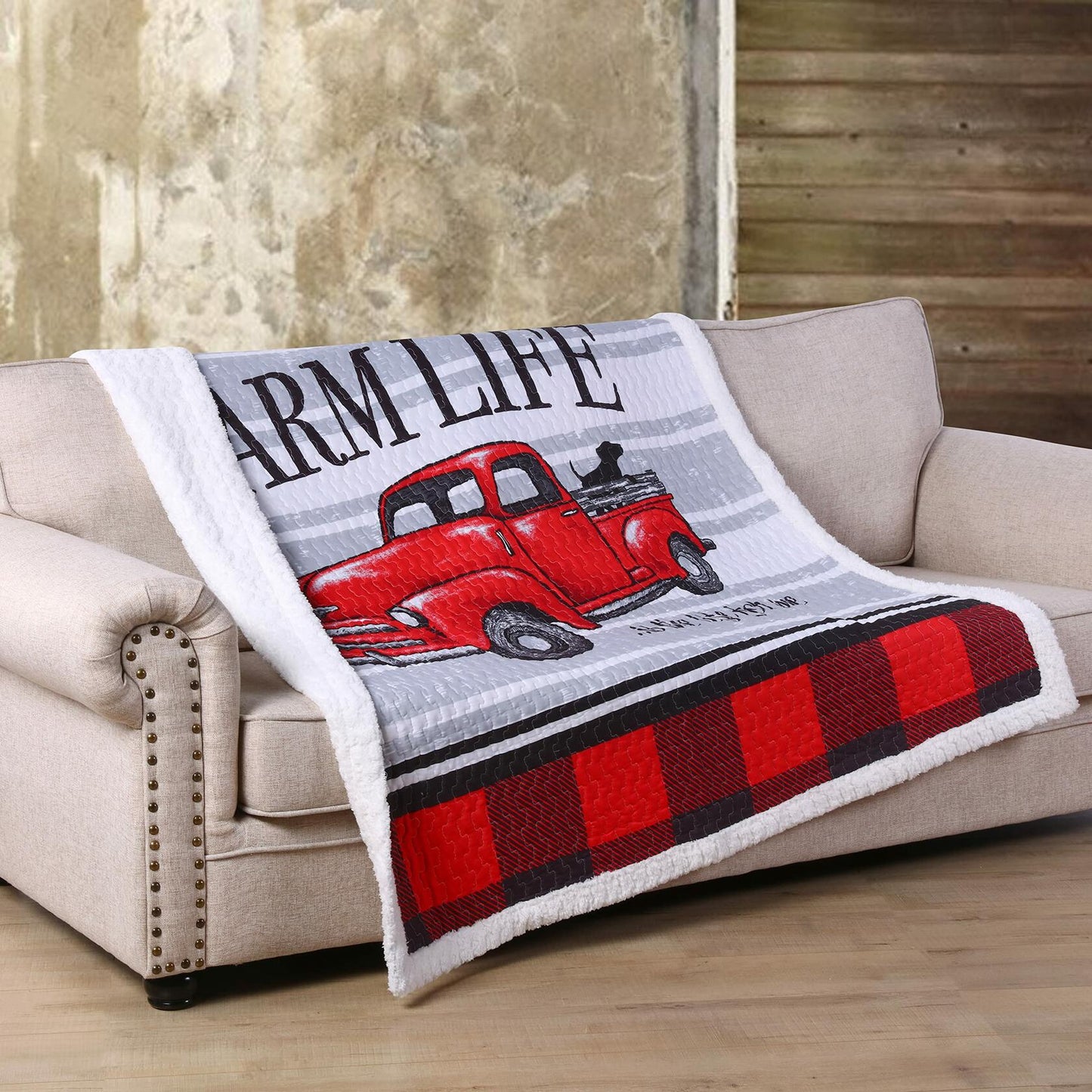 VIRAH BELLA Quilted Sherpa Throw Blanket 50" x 60" Farm Life - Red & Black Plaid Lightweight Throw Quilt Great for Loungers & Extra Bedding - Beautiful Lodge-Themed Blanket