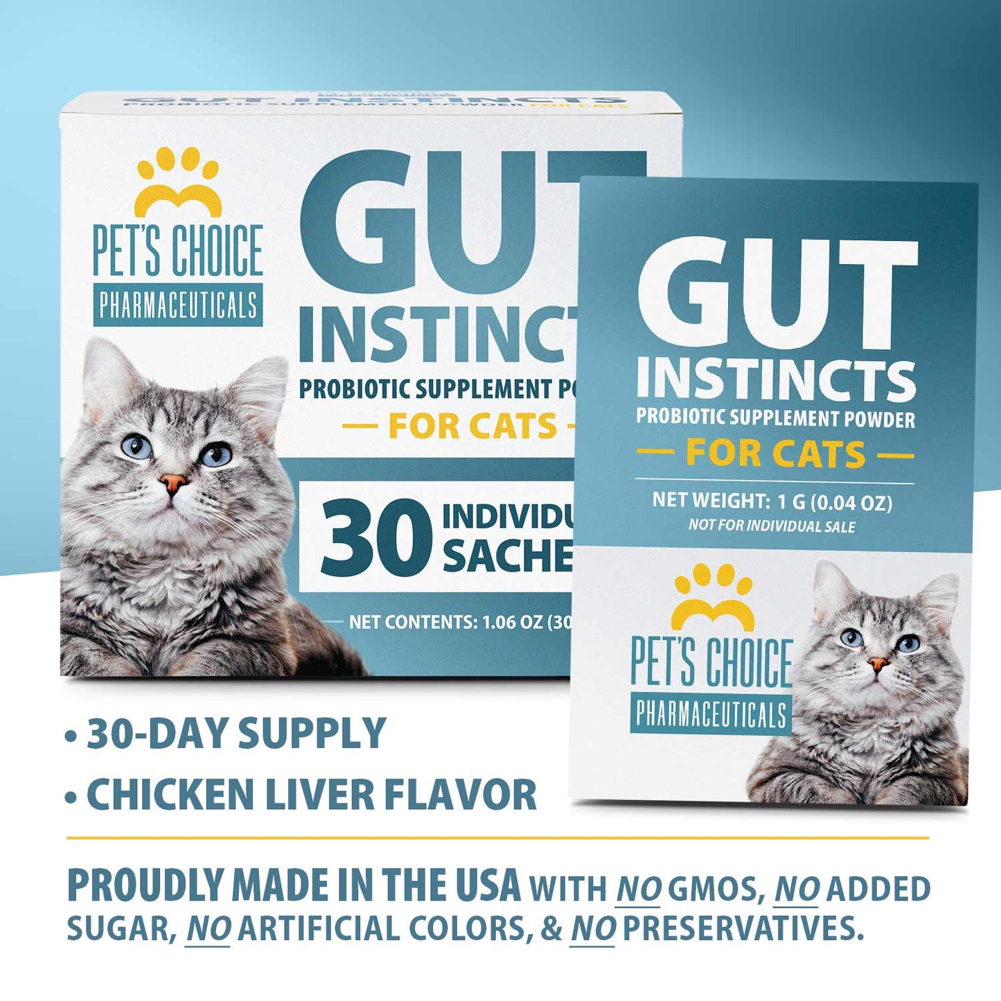 Pet’s Choice Gut Instincts Probiotic Supplement for Cats, Digestive & Immune Support, 30 Powder Packets, Made in USA