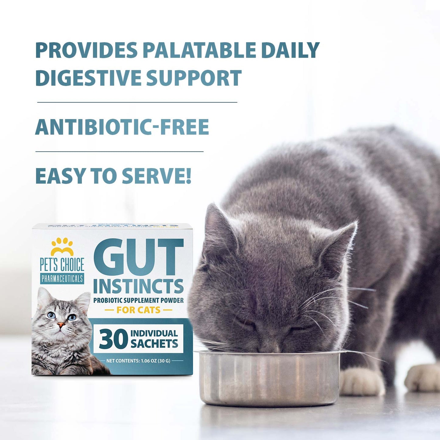 Pet’s Choice Gut Instincts Probiotic Supplement for Cats, Digestive & Immune Support, 30 Powder Packets, Made in USA