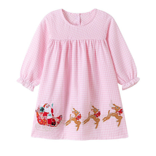 Autumn Arrival Cartoon Animals Christmas Pattern Long Sleeves Crew Neck Dress for Stylish Girls