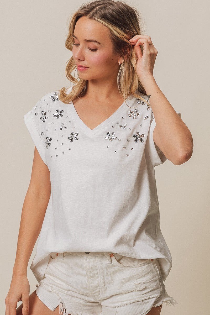 Rhinestone V Neck Top