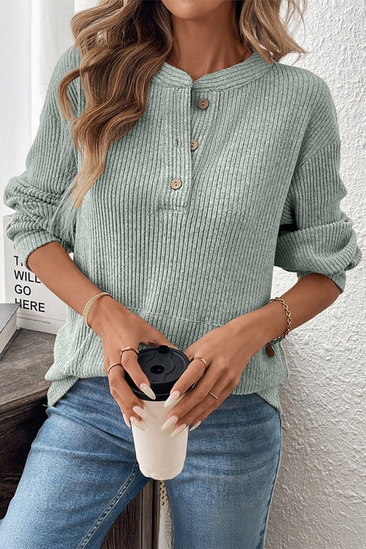 Ribbed Drop Shoulder Henley Knit Top - 3 Colors