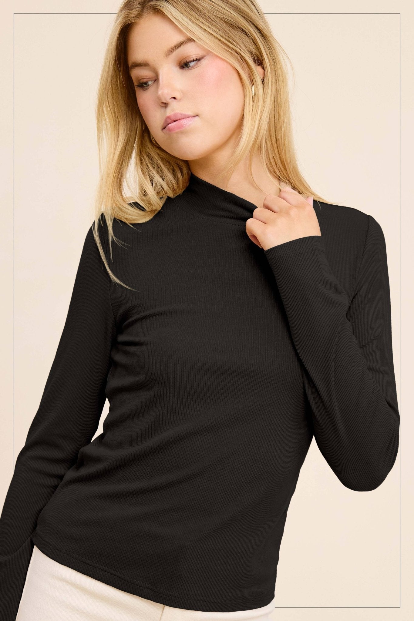 Ribbed Long Sleeve Mock Neck Top - Red, Teal, Black and brown