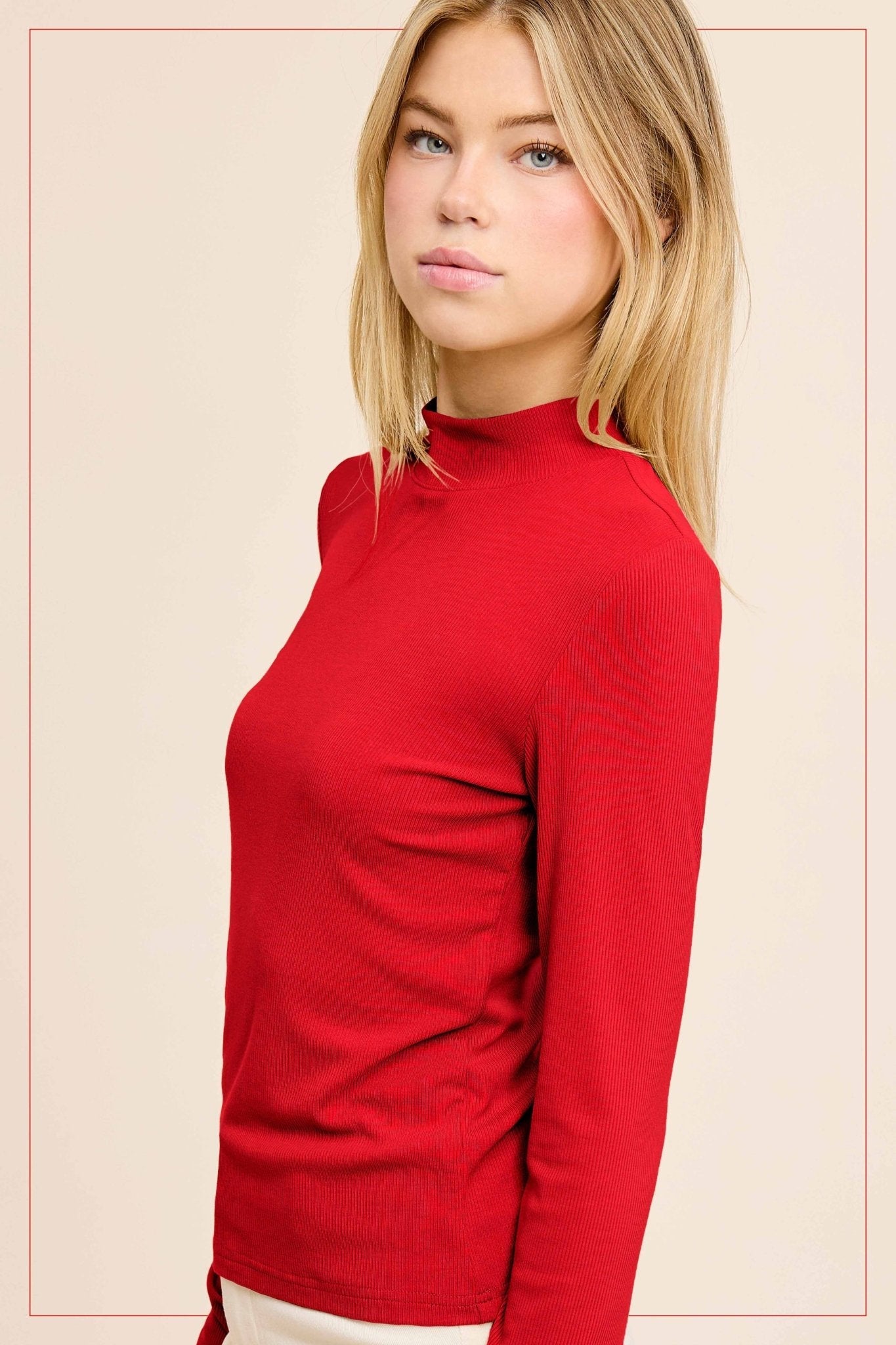 Ribbed Long Sleeve Mock Neck Top - Red, Teal, Black and brown