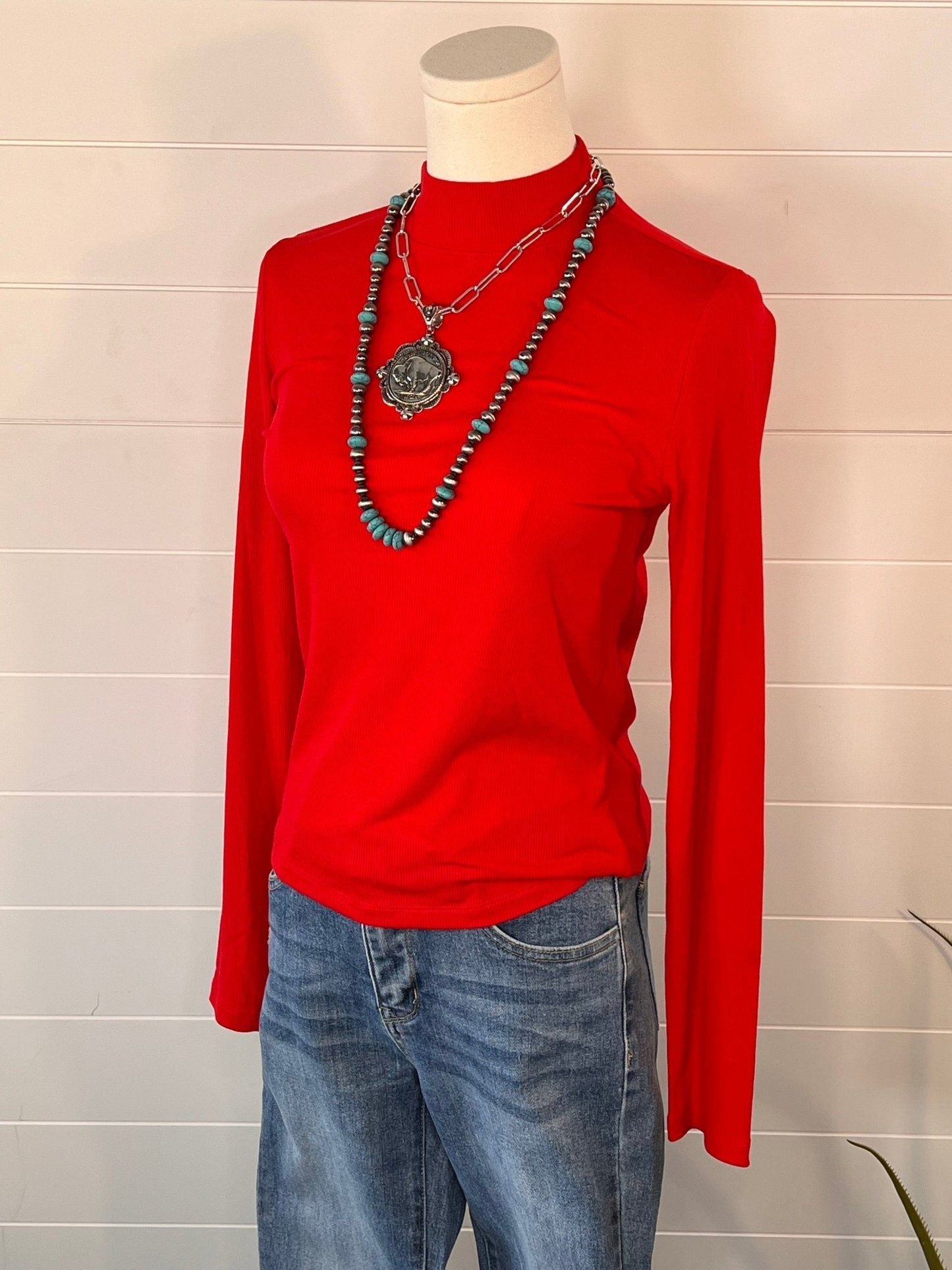 Ribbed Long Sleeve Mock Neck Top - Red, Teal, Black and brown