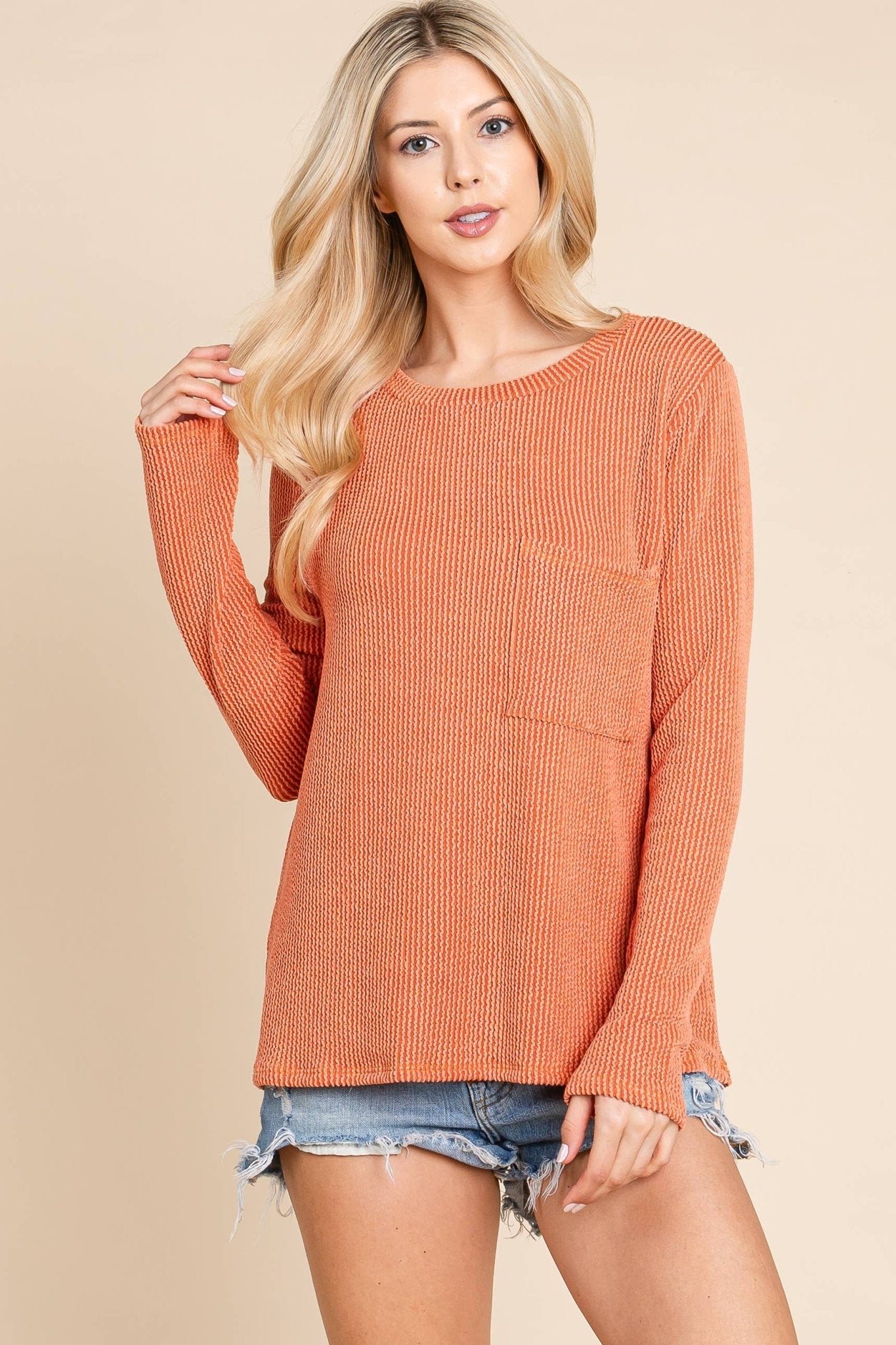 Ribbed Top with Pocket - Pumpkin and Fuchsia