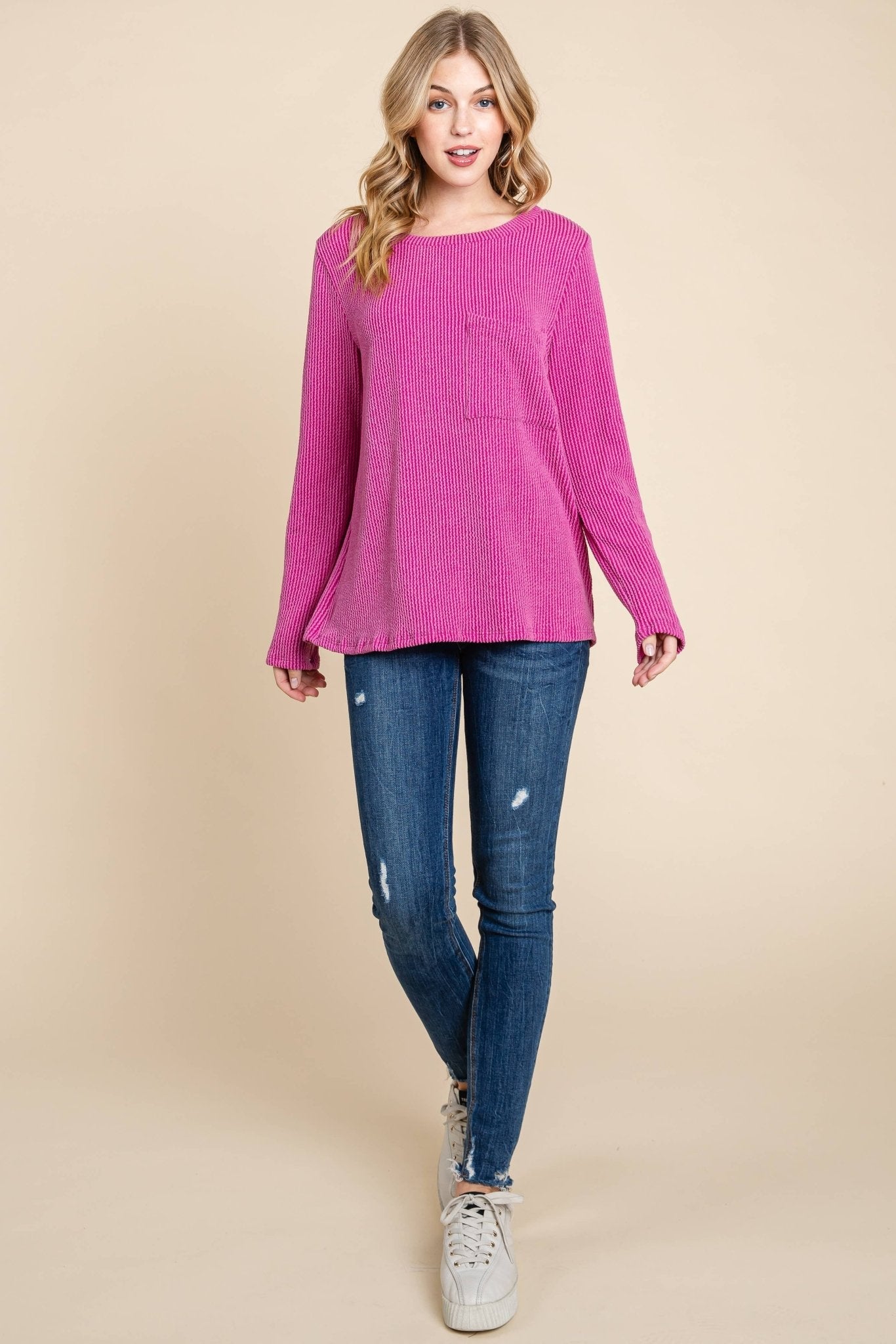 Ribbed Top with Pocket - Pumpkin and Fuchsia