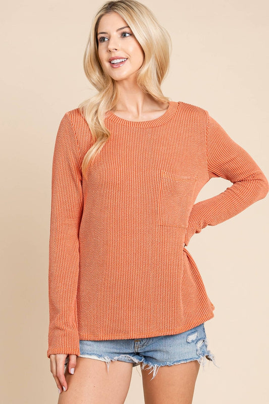 Ribbed Top with Pocket - Pumpkin and Fuchsia