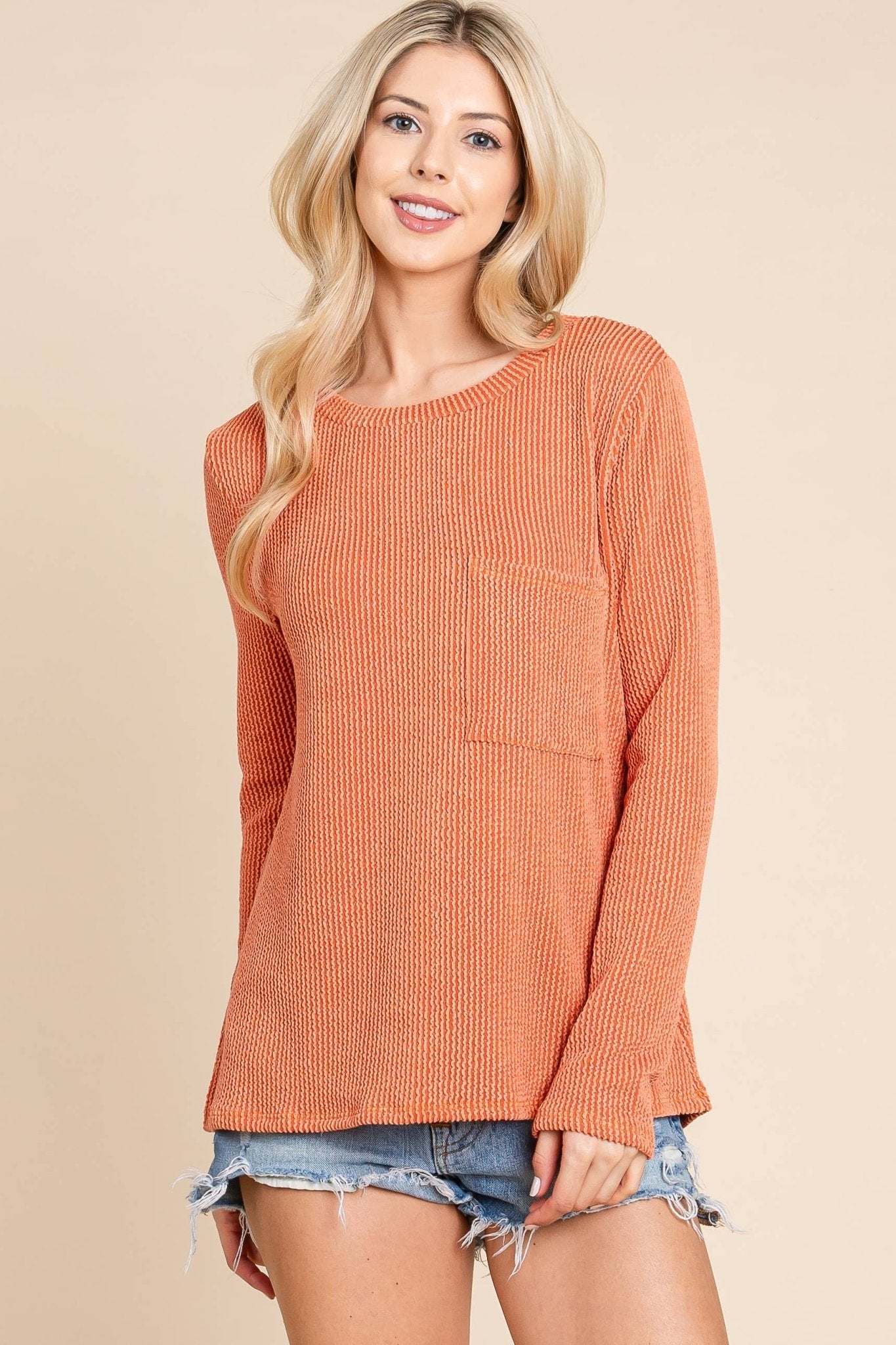 Ribbed Top with Pocket - Pumpkin and Fuchsia