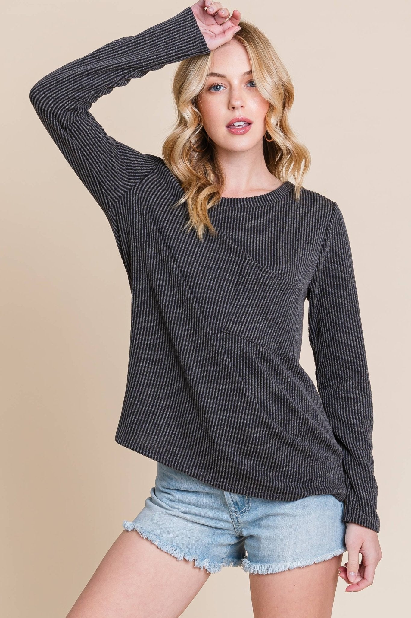 Ribbed Top with Pocket - Pumpkin and Fuchsia