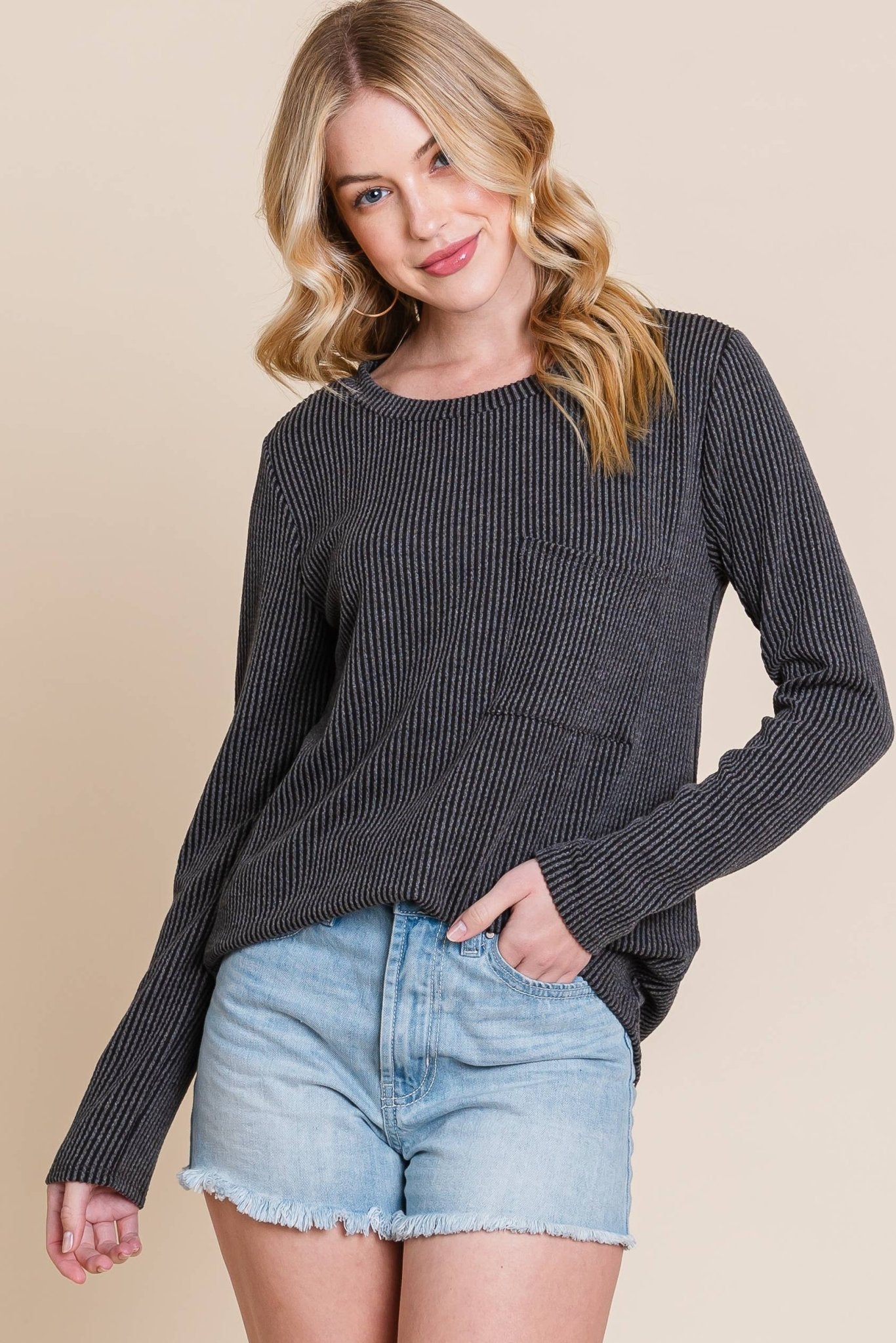 Ribbed Top with Pocket - Pumpkin and Fuchsia