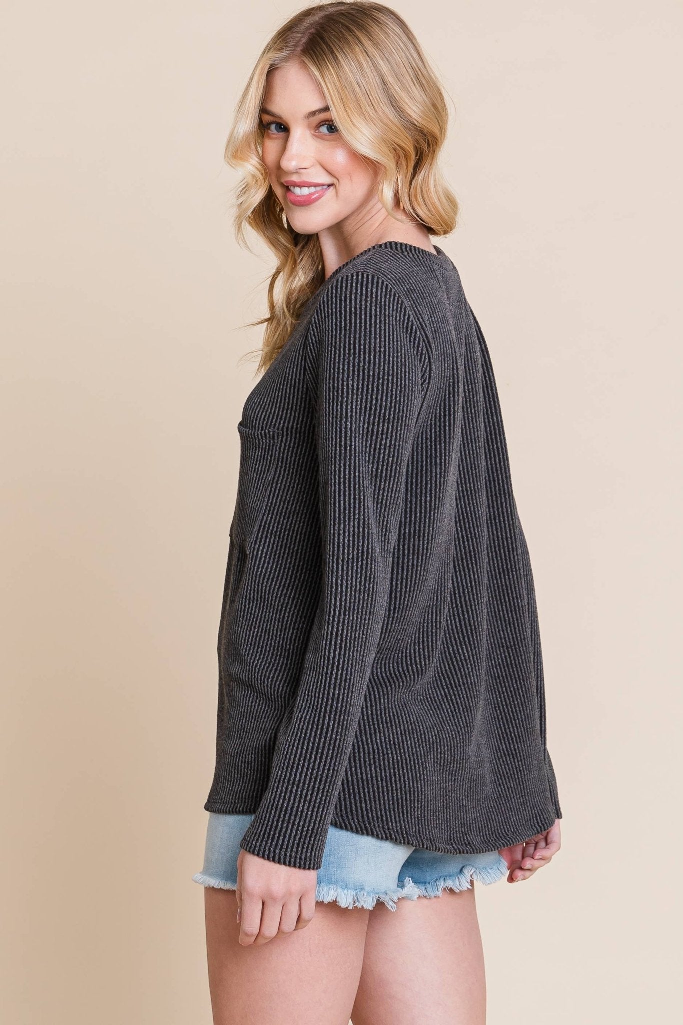 Ribbed Top with Pocket - Pumpkin and Fuchsia
