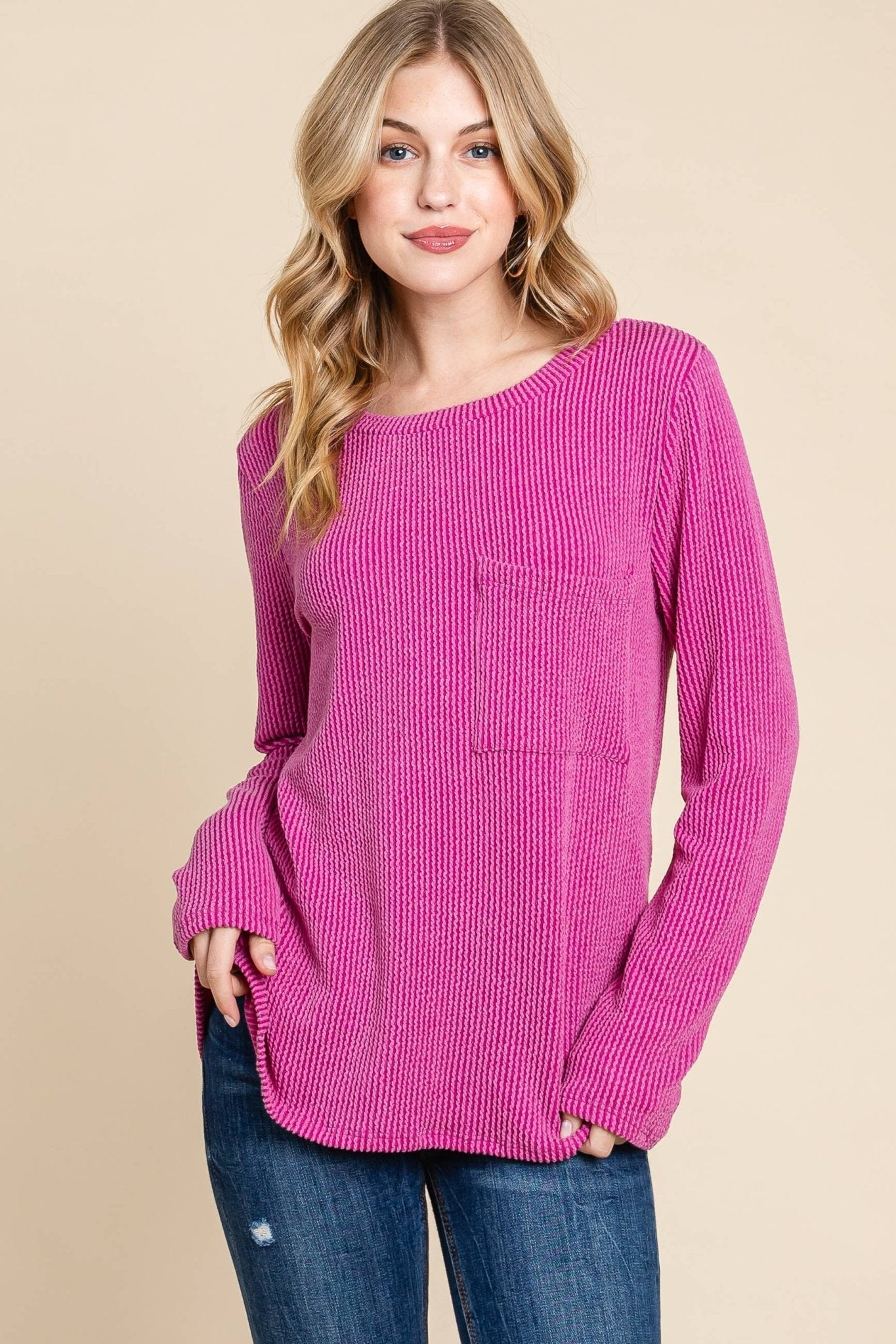 Ribbed Top with Pocket - Pumpkin and Fuchsia