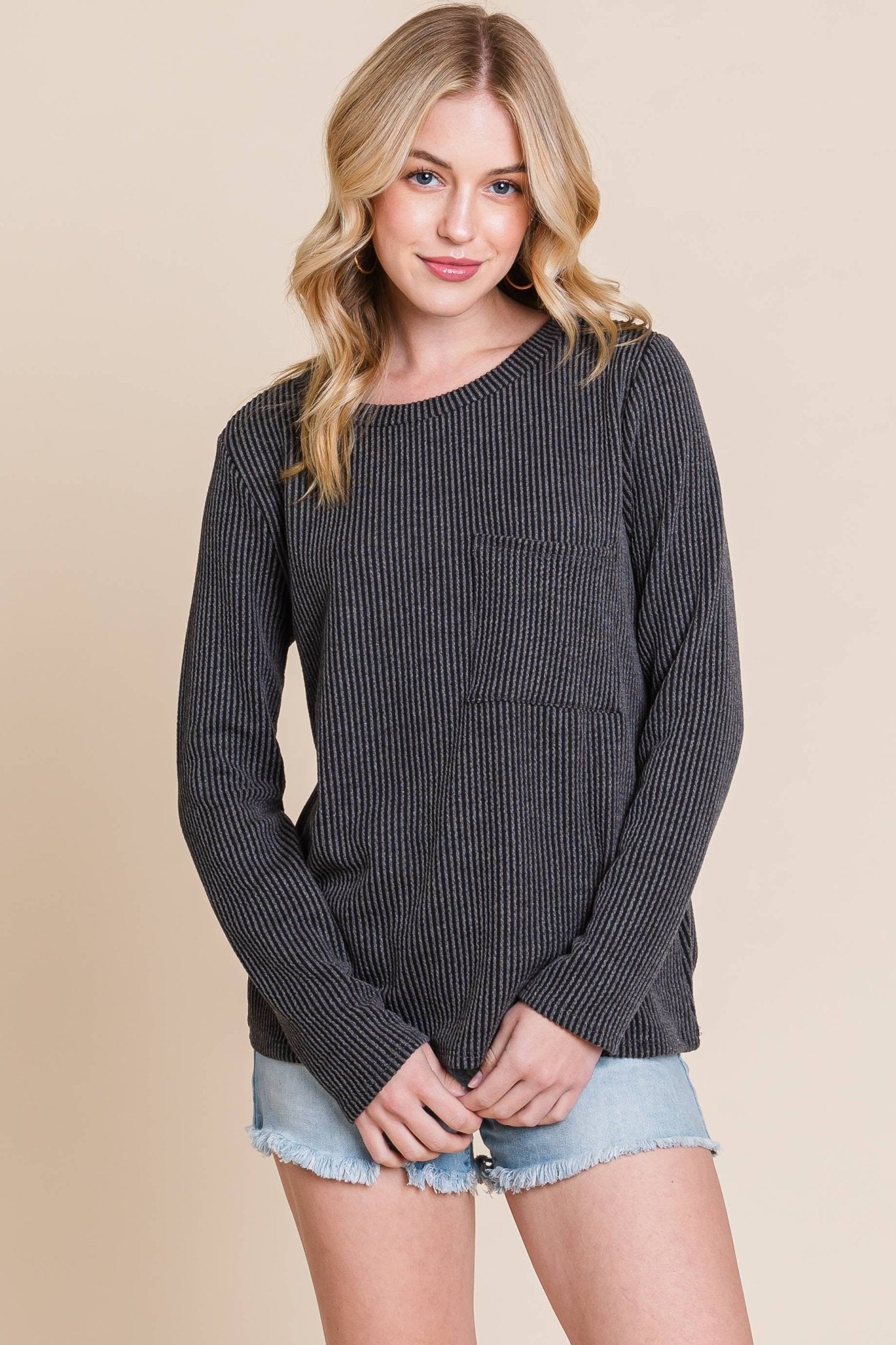Ribbed Top with Pocket - Pumpkin and Fuchsia