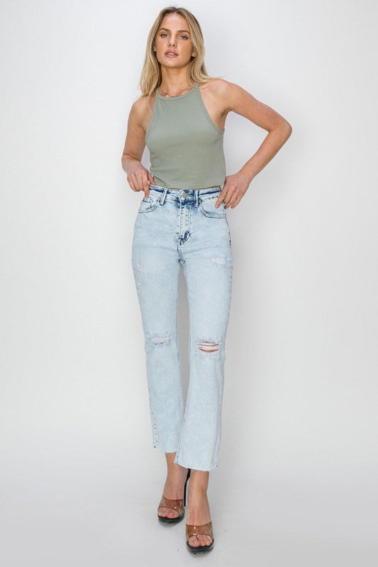 Risen Brand: Acid Light Wash High Rise-Crop Knee Distressed Straight Jeans