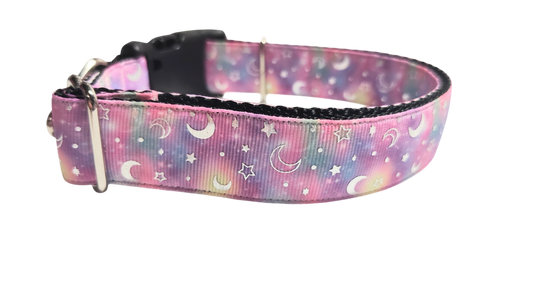 Pink Galaxy Moon and Stars Nylon Dog Collar