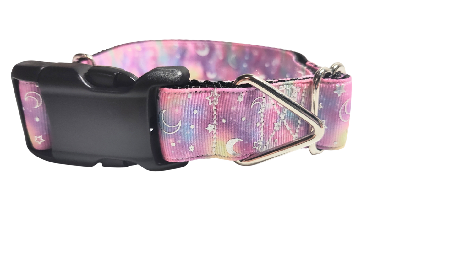 Pink Galaxy Moon and Stars Nylon Dog Collar