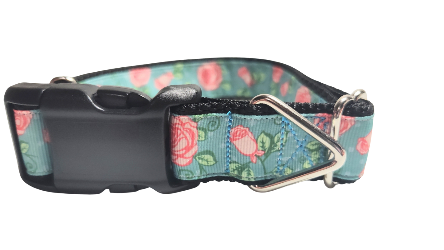 Roses on Blue Nylon Dog Collar