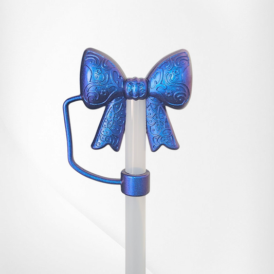 Lace Ribbon BOW 3D Silicone 10mm Straw Topper  - Metallic Blue Shimmer