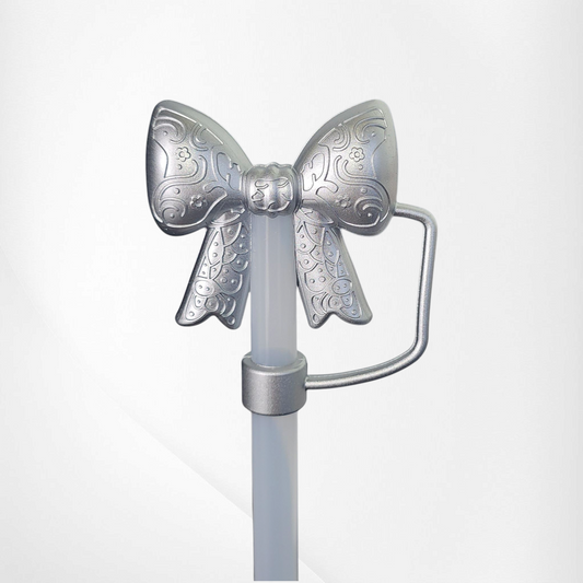 Lace Ribbon BOW 3D Silicone Straw Topper  - Silver Shimmer