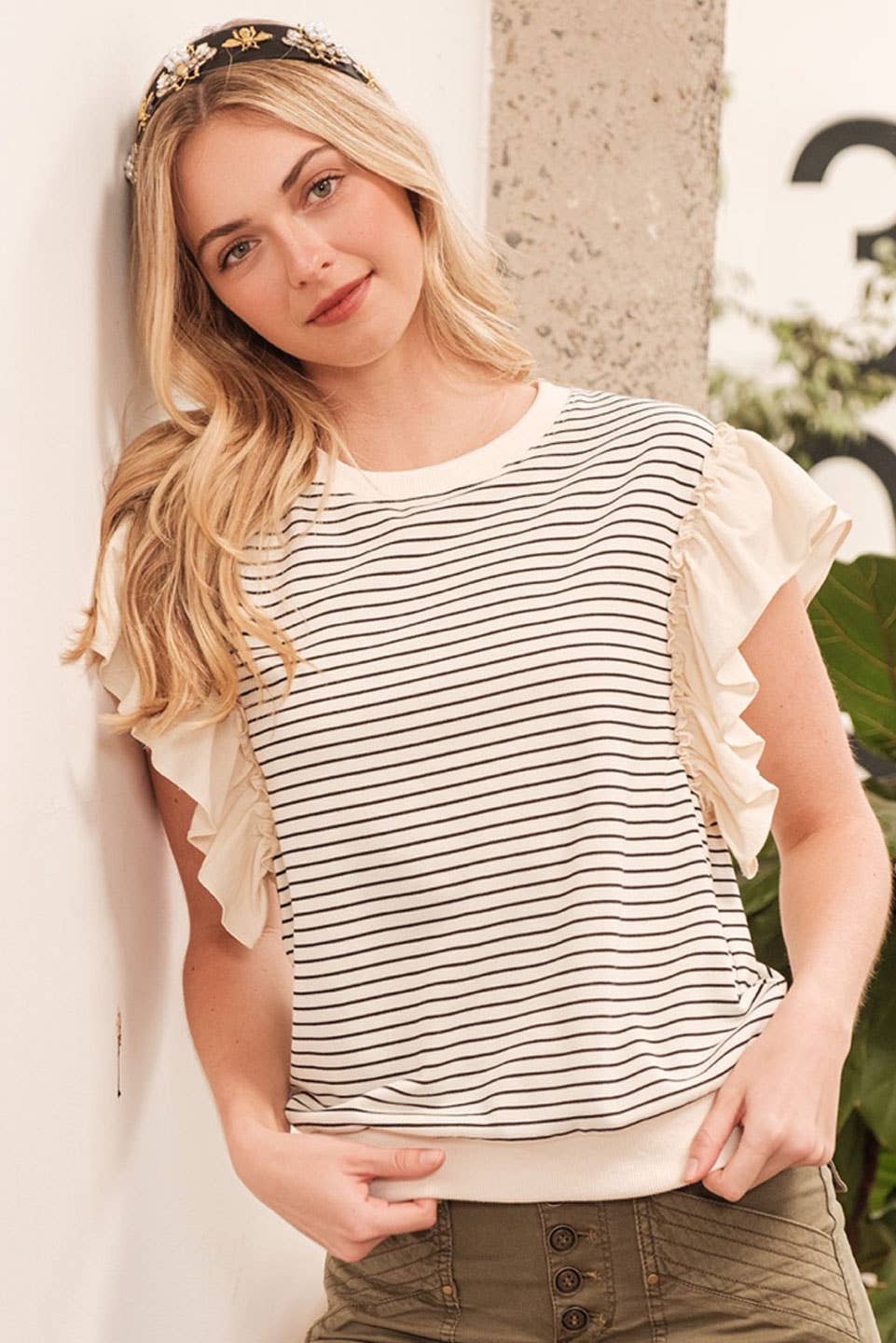 Striped Contrast Ruffle Detail Sleeveless Top
