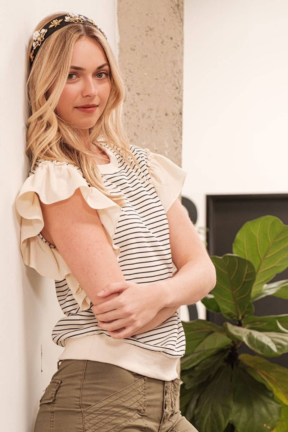 Striped Contrast Ruffle Detail Sleeveless Top