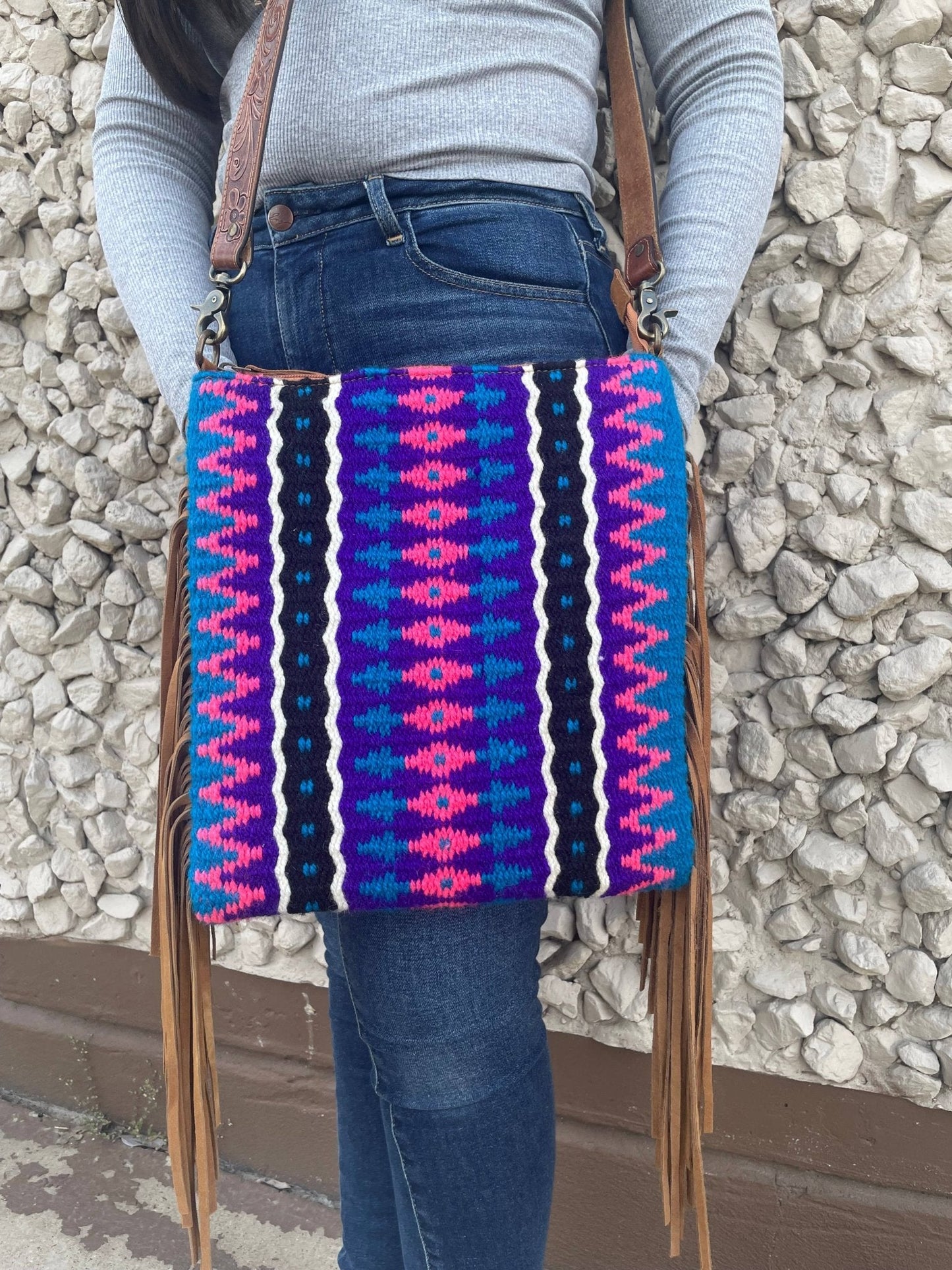 Sunrise Saddle Blanket Crossbody with Suede Fringe