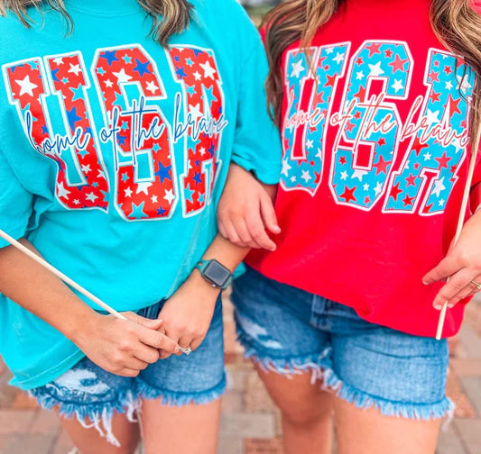 USA Home of the Braves Tee on (RED)