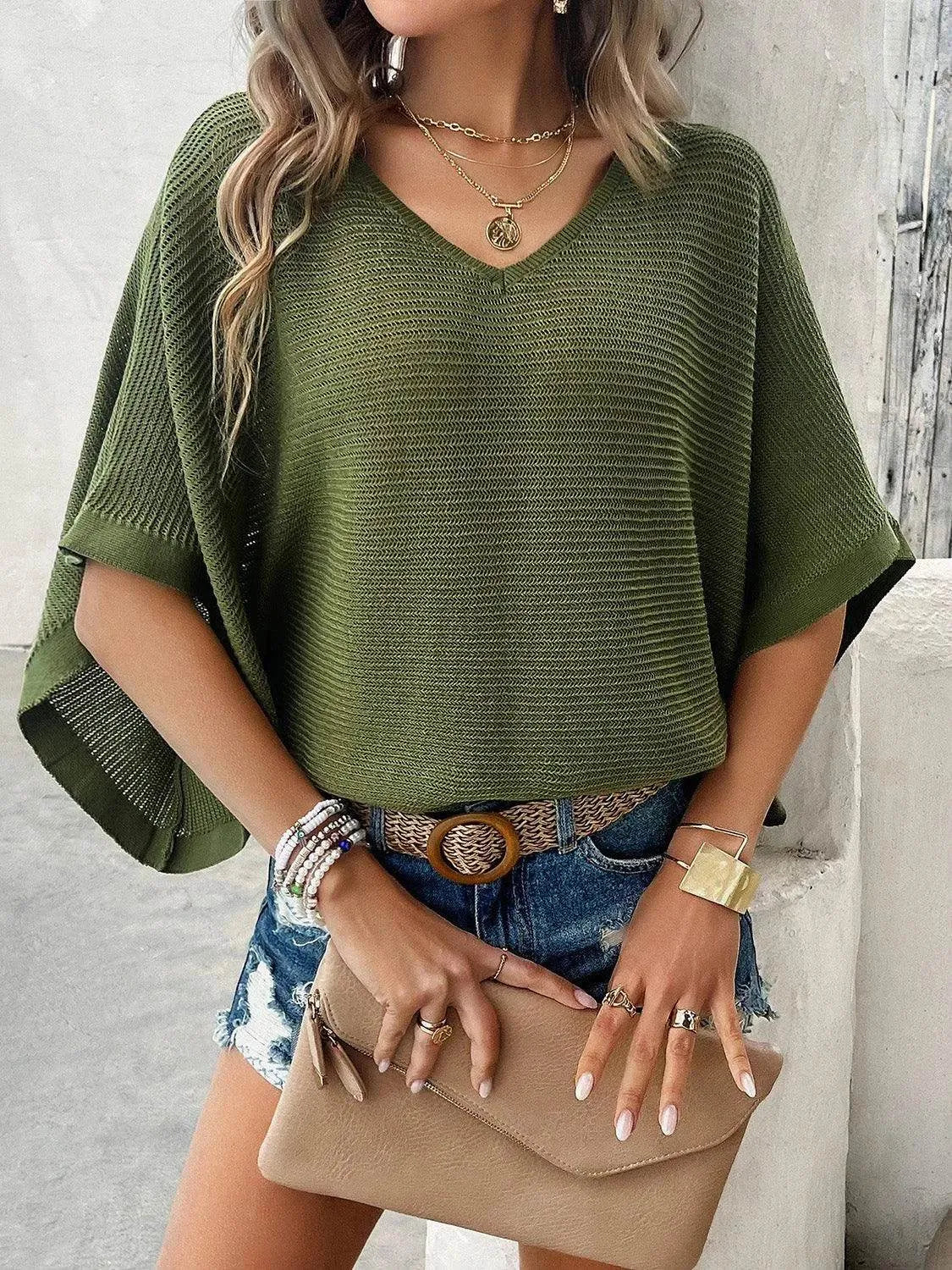 V-Neck Batwing Sleeve Knit Top