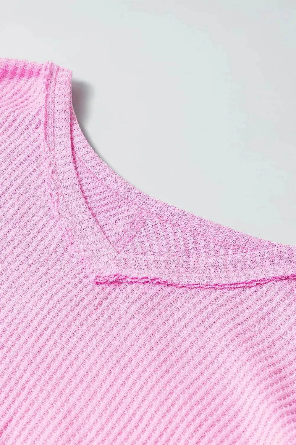 Waffle-Knit V-Neck Long Sleeve Blouse