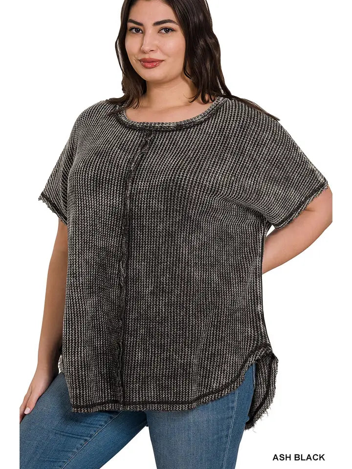 Womens- Zenana Waffle Black Ash Washed Top