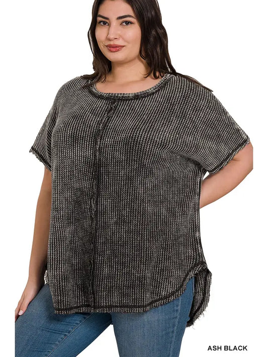 Womens- Zenana Waffle Black Ash Washed Top